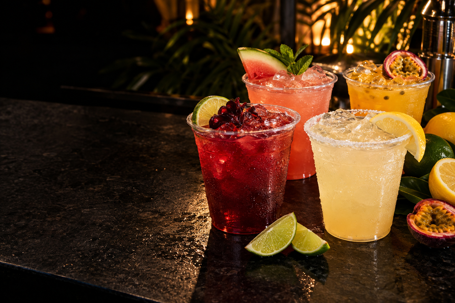 Four colorful cocktails served in clear disposable cups on a dark bar